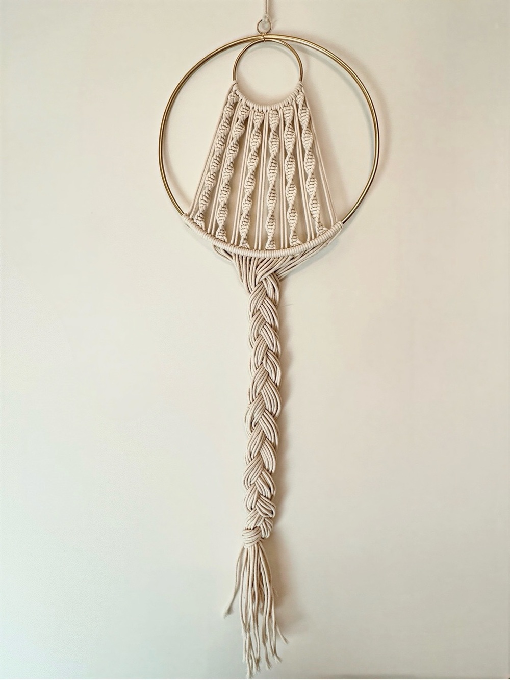 Handcrafted Cream Macramé Wall Hanging with Gold Ring
